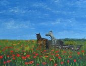 Продам картину в Москве, Картина маслом - лошадки в маках, 40х50 размер указан